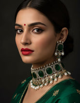Modern Dual Tone Green Emerald Victorian Bridal Choker Necklace Set